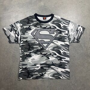 Vintage Y2K Warner Bros DC Comics Superman Camo Shirt Mens XL Gray‎ Preowned